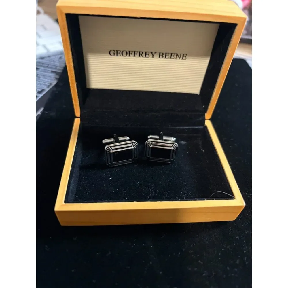 Geoffrey Beane Mens Cuff links Silver with black enamel NIB